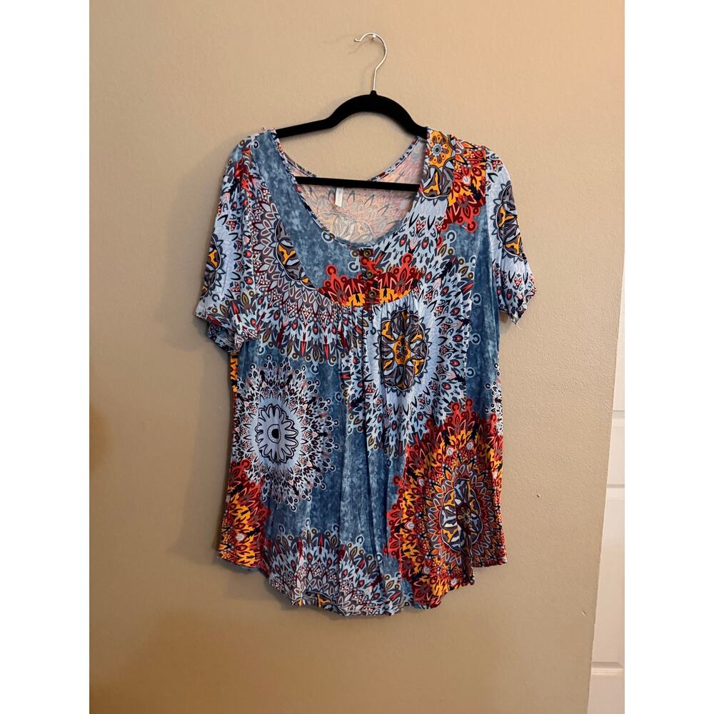 Popyoung Boho Print Short Sleeve Blouse Women’s 2XL Flowy Top EUC